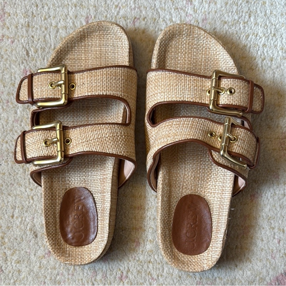 J Crew Colbie wide-strap buckle sandals in faux raffia